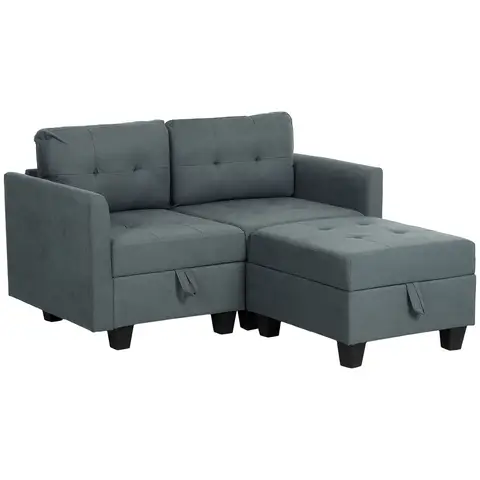 HOMCOM Convertible Modular Sectional Sofa with Storage, Tufted 2 Seater Sofa Set, L Shaped Couch with Ottoman, Wood Frame for Living Room, Dark Grey