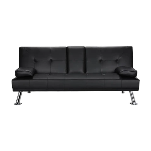 Yaheetech 3-Sitzer Schlafsofa mit Getränkehalter Gästebett Neigbare Rückenlehne 105°/140°/180°, 167 x 81,5 x 75 cm, Belastbarkeit 350 kg, Schwarzes Kunstleder