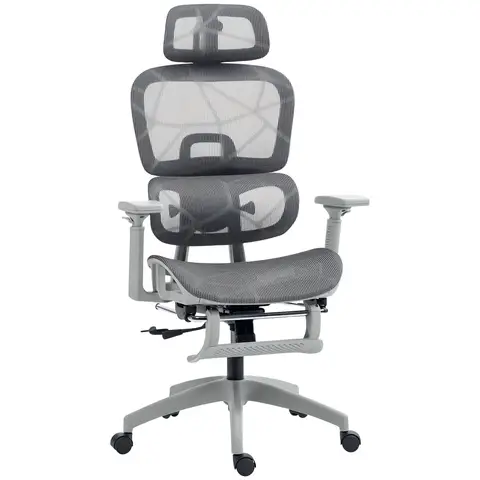 HOMCOM Ergonomic Office Chair, Mesh High Back Computer Desk Chair with 3 Level Adjustable Back, Adjustable Lumbar Support, Swivel Recliner with 3D Armrest, Headrest, Footrest, Grey