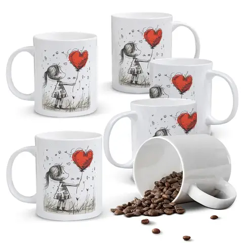 Alphynix 1pc Valentine's Day Gift Mug, 11oz Ceramic Cup with Girl Holding Red Heart Balloon, Romantic Gift for Her, Girlfriend, Wife, Anniversary