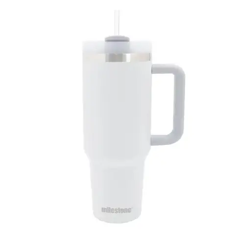 Milestone Travel Mug & Straw with Handle Stainless Steel Double Walled White 1200ml