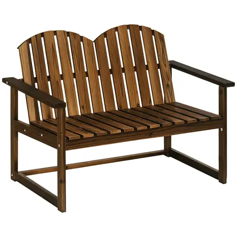 Outsunny Outdoor Wooden Garden Bench, Patio Loveseat Chair with Slatted Backrest and Smooth Armrests for Two People, for Yard, Lawn, Porch, Carbonised Finish