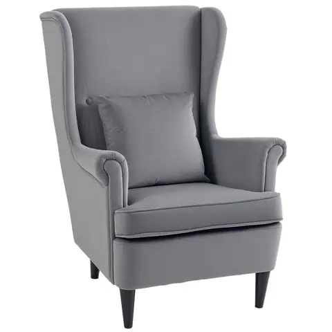 HOMCOM Modern Accent Chair, Upholstered Wingback Armchair with High Backrest and Pillow Dark Grey