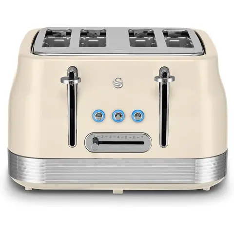 Swan Retro Revive 4 Slice Toaster, Vintage, Cord Storage, Variable Width Slots, 1860W, Coated Stainless Steel, Blue and Chrome Accents - ST19029C
