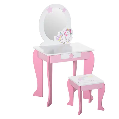 HOMCOM Girls Dressing Table with Mirror, Stool, Kids Dressing Table, Unicorn-Designed Play Toy for Toddles Girls Age 3-6 Years, Acrylic Mirror, Pink and White