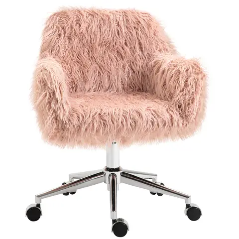 Vinsetto Faux Fur Desk Chair, Comfy Swivel Vanity Chair with Adjustable Height, Armrets and Wheels for Home Office, Bedroom, Makeup, Pink
