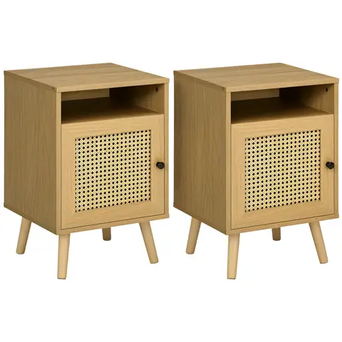 HOMCOM Bedside Table Nightstand with Storage Shelf and Door Cupboard, Side End Table with Rattan Element and Tapered Leg for Living Room, Bedroom, Set of 2, Natural