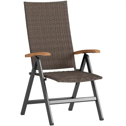Outsunny Folding Garden Chair, 5-level Reclining PE Rattan Garden Dining Chair with Wood Armrests, High Back and Steel Frame 