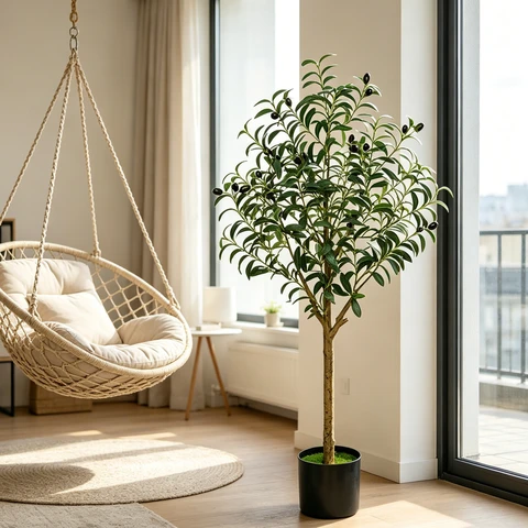 1 Stück 4 ft/1,2 m künstliche Olivenbäume für den Innenbereich, künstlicher Olivenbaum mit natürlichem Holzstamm und Zweigen sowie lebensechten Früchten, realistische Pflanzenskulptur, hohe künstliche Pflanze mit Topf für Wohn- und Büroräume
