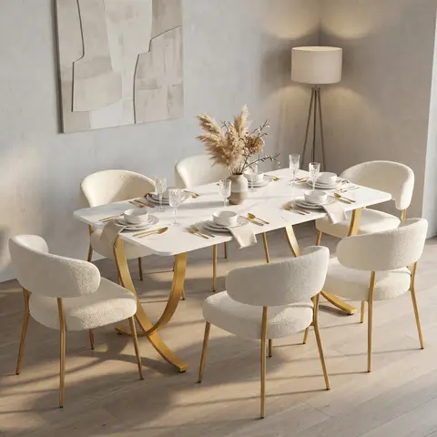 Moderner Esstisch für 6 Personen, 160 x 80 x 75 cm, Wohnzimmer Tisch, Rechteckig, Küchentisch, Esstisch für Esszimmer und Küche, Wohnzimmer, Modernes Design, Weiß und Gold