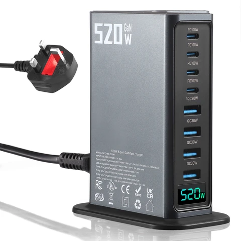 520W 8-Port GaN III Charging Station, PD 3.0 & PPS Fast Charging Power Adapter, Universal Multiport Power Supply Compatible with MacBook Series, Lenovo, HP, Dell, Surface, ASUS Laptops and iPhone Smartphones