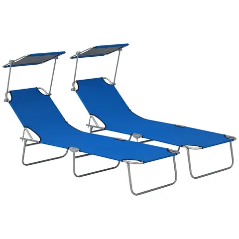 Outsunny Folding Sun Lounger Set of 2 with Canopy, Reclining Sunbed with 4-Position Adjustable Backrest, 600D Oxford Cloth, P