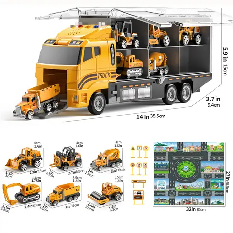 Jeu de construction de camion pour garçons avec tapis de jeu et voiture jouet en métal moulé sous pression, camion de transport pour enfants de 3 à 5 ans, cadeaux d'anniversaire et jouets pour garçons de 3 à 8 ans