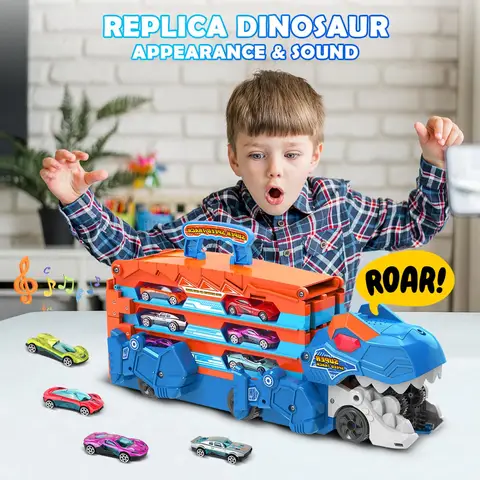 Vatos Dinosaurier Transportwagen Spielzeugauto für Jungen 3 4 5 6 3 in 1 Tragbarer LKW Spielzeug mit 8 Rennwagen Ausklappbare Dinosaurierstrecke Spielzeug mit Sound, Weihnachtsgeschenk