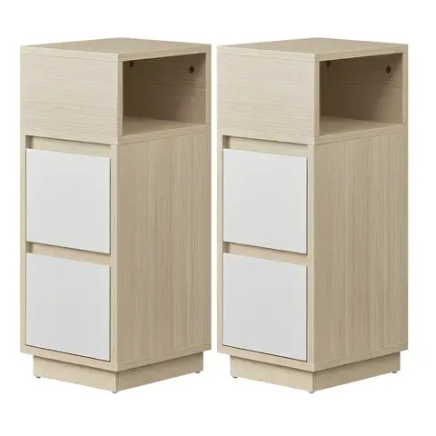 Ochama x SONGMICS Set of 2 Narrow Side Tables, Slim End Table with 2 Drawers, 1 Open Compartment, for Living Room, Bedroom, Natural Beige