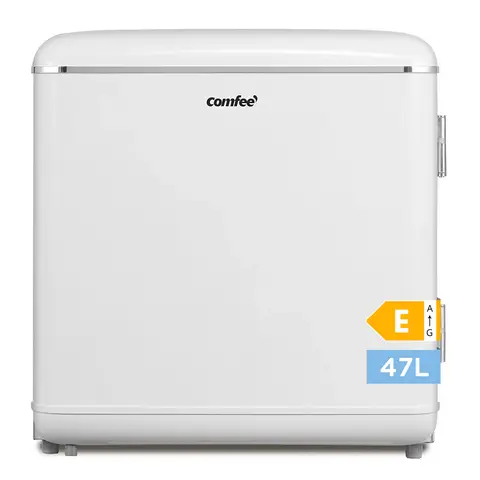 Comfee RCD50WH2EURT(E) Kompakter Kühlschrank – 47 Liter, Retro-Design, Mini-Kühlschrank mit einer Tür, einstellbarer Thermostat, leiser Betrieb, geeignet für Zuhause, Büro & Hotel, weiß [Energieeffizienzklasse E]