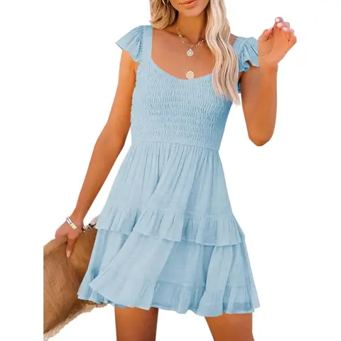Women's Summer Ruffle Dresses Elastic Empire Waist A-line Layered Swing Flowy Mini Dress (blue, L)