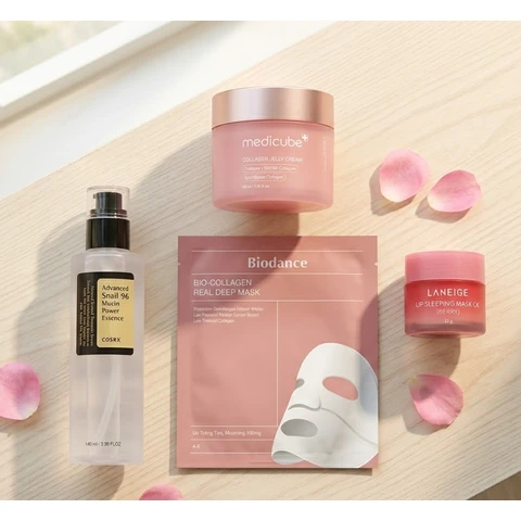 [42 % Rabatt Sommerangebot] Ultimatives K-Beauty Glass Skin Glow Set – Cosrx Essenz, medicube Creme, Biodance Gesichtsmaske & Laneige Lippenmaske