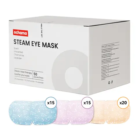 ochama Masques Chauffants pour les Yeux - Lot de 50, Soulagement de la Fatigue Oculaire, Soins des Yeux, Variétés Camomille 15, Lavande 15, Sans Parfum 20, Thérapie à la Vapeur