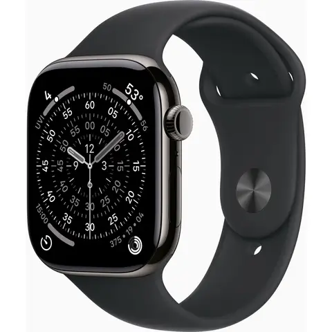 Apple Watch Series 11 GPS + mobiele netwerk 46 mm leigrijs titanium kast met zwarte sportband - M/L