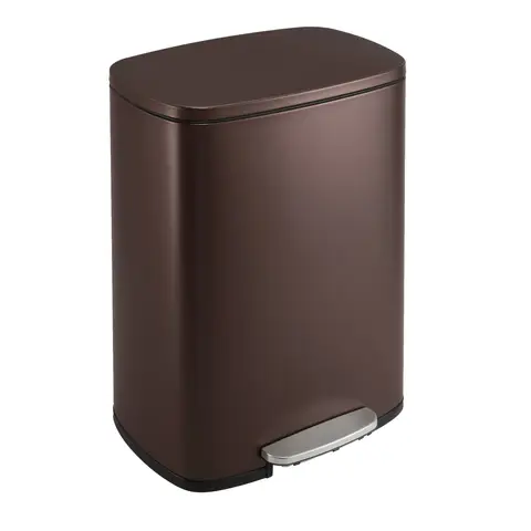 SONGMICSHOME 50 L Kitchen Bin, Rubbish Bin, Stainless Steel Trash Bin, Soft Close, Step-On Pedal, Removable Inner Bucket, Brown