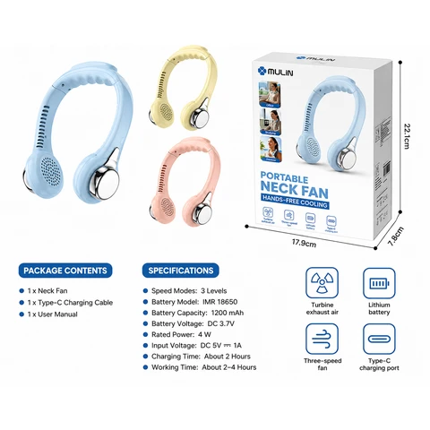 MULIN MU-GFS160 Tragbarer Nackenventilator mit Tpy C Ladekabel, 1200 mAh, Erhältlich in drei niedlichen Farben (Farben zufällig versendet)