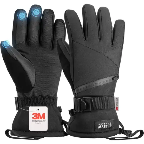 OutdoorMaster Ski- und Schneehandschuhe für Damen und Herren, 3M Thinsulate, 5-Finger, wasserdichte Snowboard-Handschuhe Schwarz S