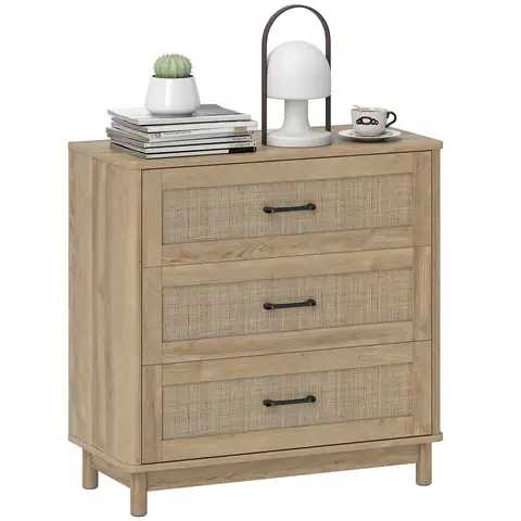 HOMCOM Bohemian Rattan Chest of Drawers, 3 Drawer Dresser with Pine Wood Legs, Wide Storage Unit for Living Room, Hallway, Oak