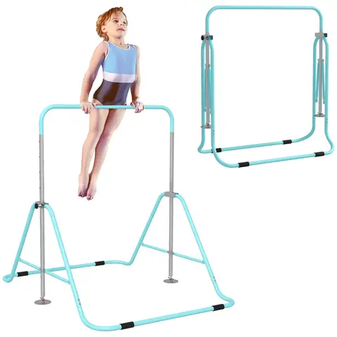 HOMCOM Kids Gymnastic Bar, Foldable Horizontal Bars w/ Adjustable Height, Training Bar w/ Triangle Base Green