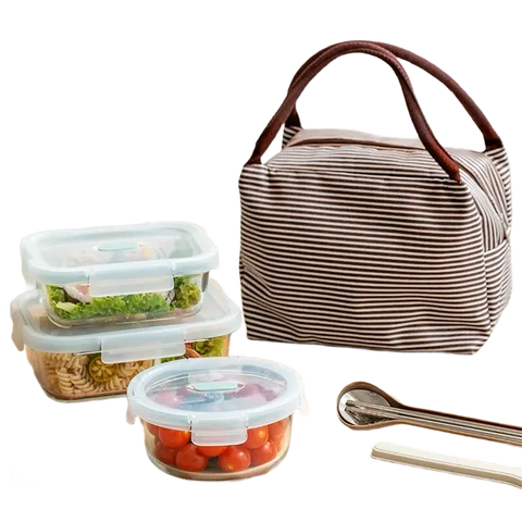 ochama x J.ZAO Hoge Borosilicaatglas Voedselcontainers - Magnetron- en Ovenbestendig, 1040 ml + 700 ml + 620 ml 1040 ml+700 ml+620 ml, Inclusief Geïsoleerde Tas en Bestek