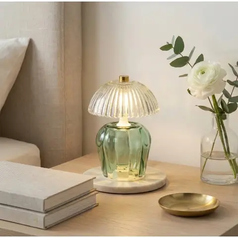 Candlelight Table Lamp Vintage Ridged Glass Shade LED Green H:14.6cm