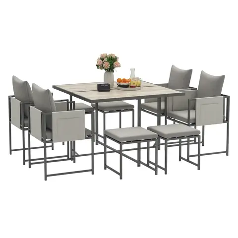 Outsunny 9 Piece Garden Dining Set, Cube Outdoor Garden Furniture Set with Cushions, 8 Seater Garden Table and Chairs with 4 Stools, Square Plastic Top Table, Side Pockets for Conservatory, Grey