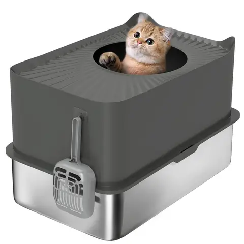 PawHut Stainless Steel Litter Box, Extra Large Enclosed Cat Litter Tray with Scoop, Top Entrance, Non-slip Pads, Easy to Clean & Never Absorbs Odors, Dark Grey
