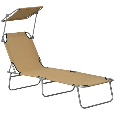 Reclining Sun Lounger Chair with Angle Adjust Awning Brown