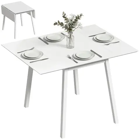 HOMCOM Solid Wood Folding Dining Table, Drop Leaf Table for 2-4 People,  Rectangle Kitchen Table White