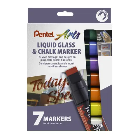 Pentel Jumbo Semi-Permanent Wet-Erase Liquid Glass & Chalkboard Marker Assorted Colours Pack of 7