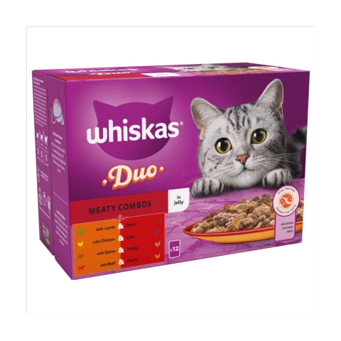 Whiskas 1+ Duo Meaty Combos Adult Wet Cat Food Pouches in Jelly 12 x 85g