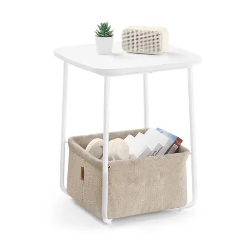 VASAGLE Side Table, End Table with Fabric Basket, 40x40x50cm, Matte White and Camel Brown