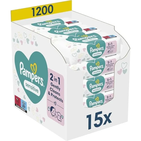 Pampers Sensitive Feuchttücher 15 Packungen mit 80 Stück, 1200 Feuchttücher