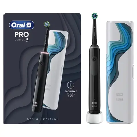 Oral-B Pro 3500 Electric Toothbrush Riso Design Edition, 1 Replacement Brush & Travel Case, Pressure Control, 3 Cleaning Modes, Long Lasting Battery, Black