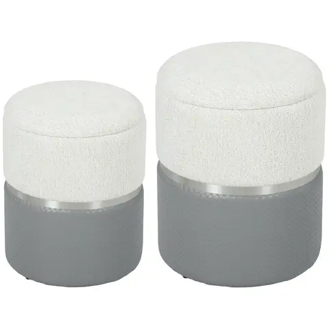 HOMCOM Set of 2 Round Ottoman with Storage, Nesting Storage Ottoman, Chenille & PU Leather Vanity Stool for Makeup Cream and 