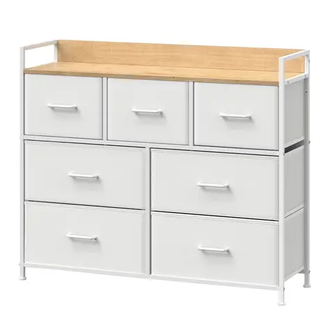 Ochama ladekast, commode, slaapkamermeubel, metalen frame, 7 laden, modern, wit en eiken