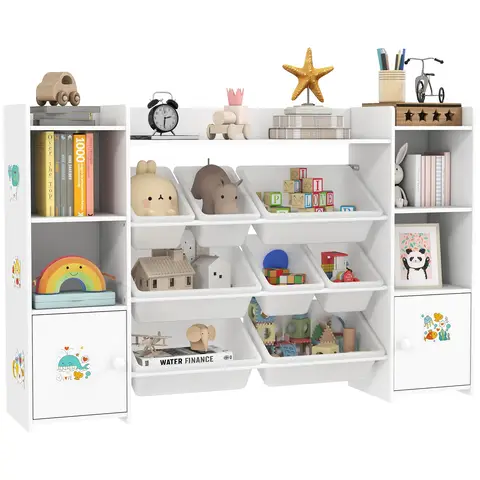 AIYAPLAY Kids Bookshelf and Toy Storage Organiser with 8 Removable Storage Bins, Toy Organisers with Bookshelf for Playroom, Kids Room, Nursery, White