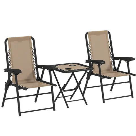 Outsunny 3 Pieces Garden Bistro Set, Folding Table and Chairs Set, Metal Garden Furniture Set with Cup Holders for Outdoor, Patio, Balcony, Khaki