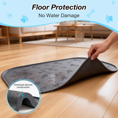 Blinkit 0159-8 Pet Food Mat/Dog Splash Mat, Food-Grade Silicone, Raised Edge Leak-Proof Design, Easy to Clean, 60×40cm Large Size for Pet Feeding Area, Gray