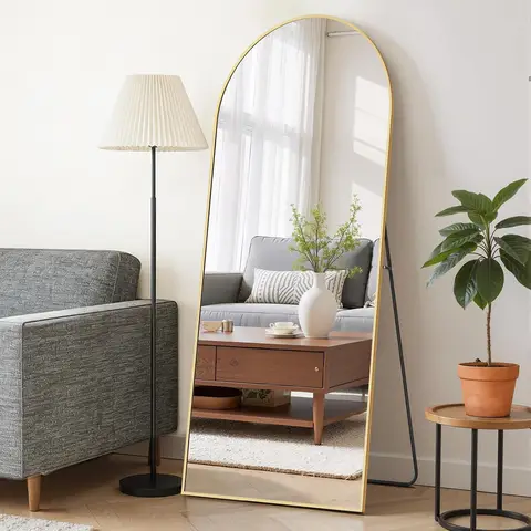Ganzkörperspiegel, 162x53 cm Bogenförmiger Bodenspiegel mit Standfuß, Bogenförmiger Ganzkörperspiegel zum Aufstellen oder Anlehnen für Schlafzimmer, Wohnzimmer Gold