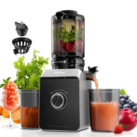 ROUNY Slow Juicer, Cold Press Extractor with 130mm Large Feed Chute, Filter-Free Easy Clean Design, Pure Copper Motor, Fruit Ice Cream Function, Black,FF Pro Max