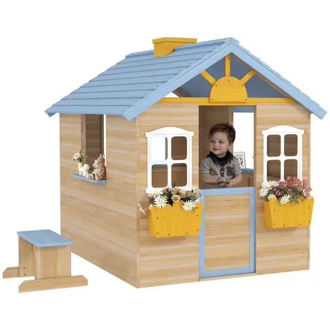 Outsunny Wooden Playhouse for Kids, Outdoor Wendy House with Door, Windows, Bench, Service Stations, Flower Box, for Ages 3-7 Years, Blue