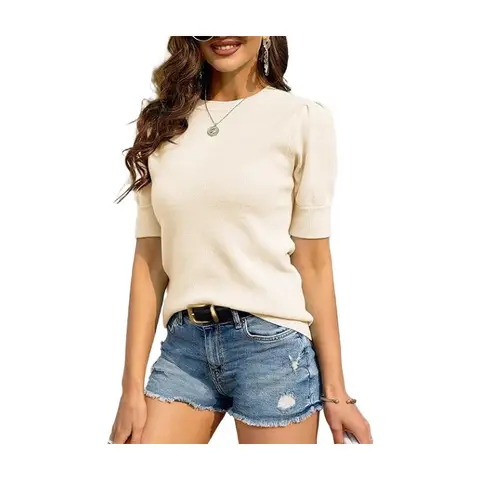 Women's Puff Short Sleeve Sweaters Pullover Shirt Tops Crew Neck Lightweight Knit Sweater Blouses (beige, S)