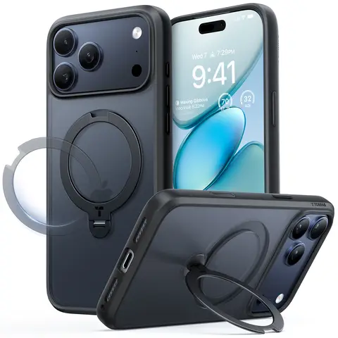 TORRAS Ostand Série Spin pour Coque iPhone 17 Pro Support Magnétique Rotatif à 360° Protection Militaire Finition Mate Antidérapante et Anti-traces de Doigts - Noir